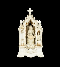 Porcelain Figural "Holy Water" Stoup, 10"h x 4"w (gold wear & missing saint on left)