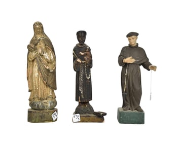 3 Large 18th c. Carved Wood Santos, Painted with Wear, 14"h tallest