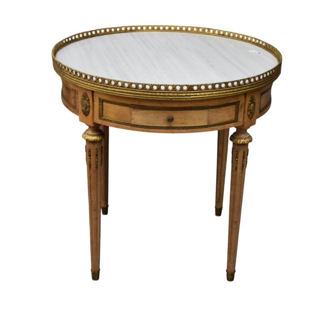 French Round Occasional Side Table, Gallery Rim, Marble Top and Tapered Round Legs, 26"h x 25"d (1 of 3)