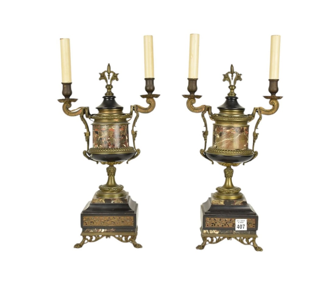 Pair Marble & Slate Double branch Candelabra: Pair Marble & Slate Double branch Candelabra