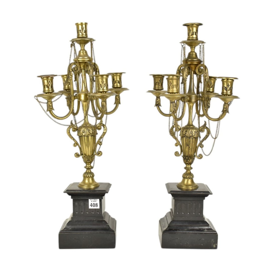 Pair Antique 4 Branch Candelabra with Draping Chain Accents, Plinth Base: Pair Antique 4 Branch Candelabra with Draping Chain Accents, Plinth Base