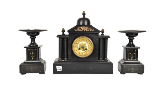 Slate Antique Mantle Clock With Brass Face & Mounts (14"h x 13"w) AND Pair of Slate Pedestals (9