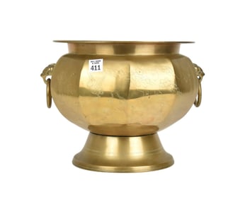 Brass Jardinière With Lion Ring Handles, Incised Design, 10"H x 11"w