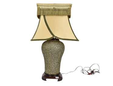 Single Vintage Lamp with Ground Mica Pebbles Type Body, Oriental Silk Shade, 29"h