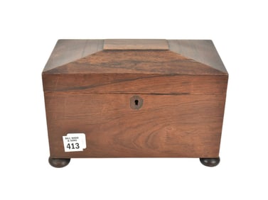 Antique Mahogany Tea Caddy on Bun Feet, 7"h x 9 1/2"w x 5 1/2"d (one knob missing from interior)
