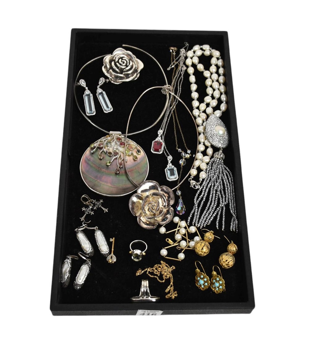 14K Yellow Gold and Sterling Silver Jewelry Lot. 2 - 14K yellow gold necklaces and 2 pairs of (1 of 4)