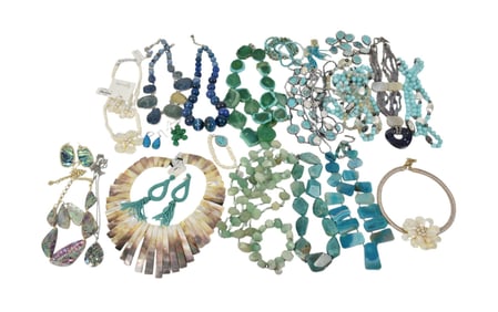 Costume Jewelry Lot. Turquoise, Mother of Pearl, Abalone, Quartz and Agate. Necklaces, earrings and