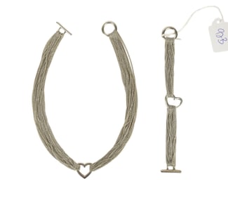 Tiffany Co Sterling Silver Multi Strand Mesh Open Heart Toggle Necklace & Bracelet. With pouch