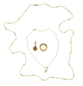14K Yellow Gold Lot.  2 Necklaces, Pendant and Brooch. Wt. 43.2 grams. Pearl Necklace with gold