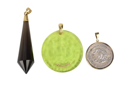 3 Pendant Lot with 14K Gold Clasp. Green Tagliamonte 2.5" , half oz .999 silver coin with 14k yellow