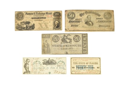 5 - Treasury Notes. 1863 State of Florida 25 cents Feb'y 2nd (#PM-95), 1862 Jefferson City THE STATE