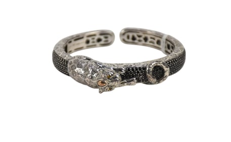 RARE Jai John Hardy Sterling Silver & 14K Gold Leopard Cuff w/ Black Spinel Large. 6.5" inner