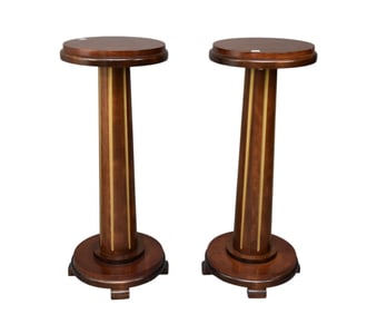 Pair Pedestals Round Tops Over Tapered Columns on Platform Bases 36" high x 14.5" diameter.