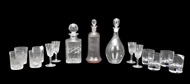 Lot of Assorted Vintage Glassware 3 Decanters, 4 Cut Glass Tumblers, 4 New Glass Tumblers with Blue