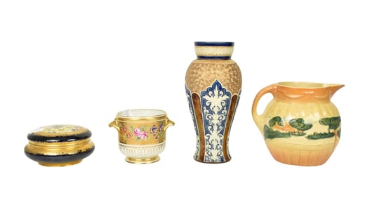 Lot of 4 Ceramic Vintage Tablewares, Pitcher, Limoges Cachepot, Covered Powder Jar, English Cobalt &