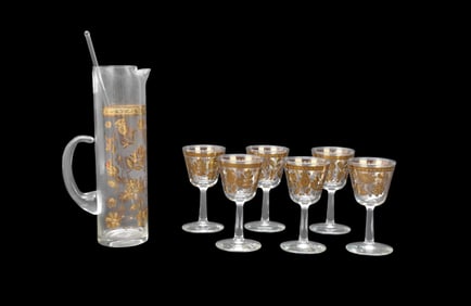 Vintage Culver Glass Cocktail Pitcher with Stirrer and 6 Wine Glasses
