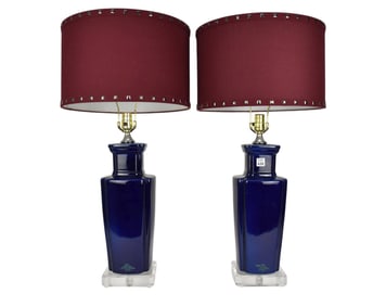 Pair Cobalt Blue Porcelain Lamps on Lucite Bases, 18"h lamp, 32"h top of shade