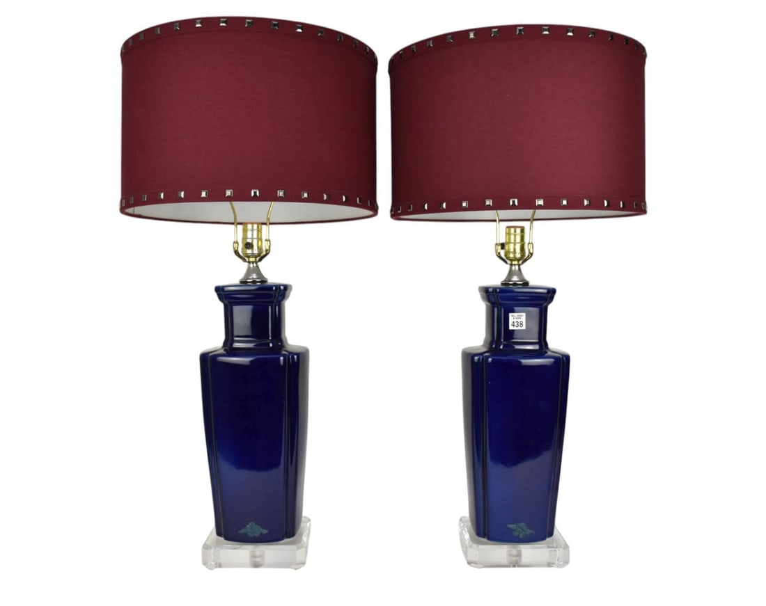 Pair Cobalt Blue Porcelain Lamps on Lucite Bases, 18"h lamp, 32"h top of shade: Pair Cobalt Blue Porcelain Lamps on Lucite Bases, 18"h lamp, 32"h top of shade
