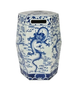 Chinese Porcelain Garden Seat, Blue & White with Dragons, Hexagonal Top, 18"H x 11"w