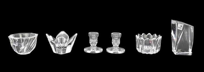 6 Piece Crystal Lot, Incl; Kosta Boda Paperweight, 3 Orrefors Bowls, Pair Waterford Candleholders
