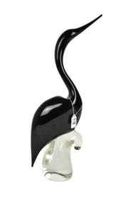 Murano Art Glass Bird Sculpture, Black on Clear Base, 22"h x 8"w