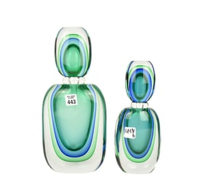 2 Luigi Onesto Murano Art Glass Scent Bottles with Stoppers, Blue & Green,