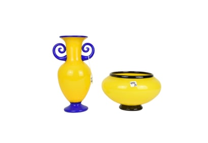 2 Modern Art Glass Signed Pieces, Yellow with Blue & Black Accents, Vase (12 1/4"h) AND Bowl (6