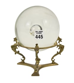 Crystal Globe/Orb on Brass Trifed Dragon Stand, 7"h x 5"dia orb