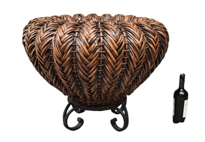 Large Oversized Woven Bamboo Planter On Iron Base, 30"d x 24"h