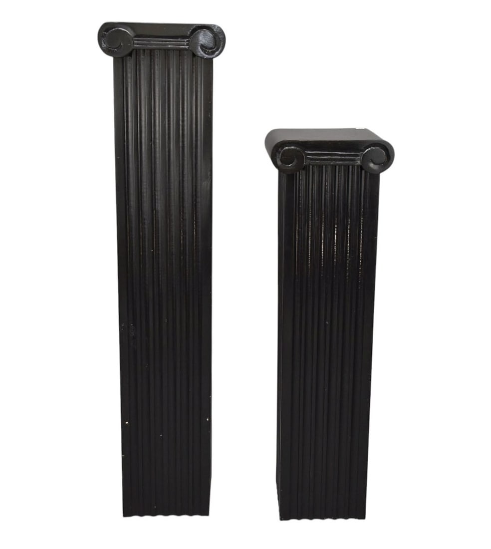 2 Painted Black Carved Wood Contemporary Graduated Pedestals, Small 48"h x 14'w x 12"d, Tallest 60"h: 2 Painted Black Carved Wood Contemporary Graduated Pedestals, Small 48"h x 14'w x 12"d, Tallest 60"h