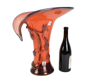 Contemporary Signed Art Glass Vase Orange with Folded Rim and Applied Designs, Ion Tamaian