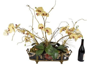 Heavily Decorated Ceramic and Gilt Metal Planter or Centerpiece, 6"h x 25"w