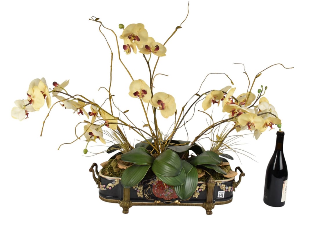 Heavily Decorated Ceramic and Gilt Metal Planter or Centerpiece, 6"h x 25"w (1 of 4)