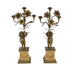 Pr. Gilded Metal Cherub Candelabra's in Flower Form on Plinth Ceramic Base, 20"h x 9'w