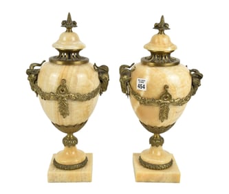 Onyx Urns with Decorative Gilt Metal, 15"h