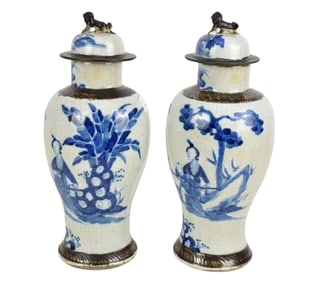 Blue & White Chinese Jars with Lids, Foo Dog Finials, 16'h