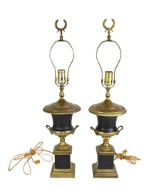 Pr. Black Slate urns on Plinth Base with Gilt Metal Mounts, 25"h