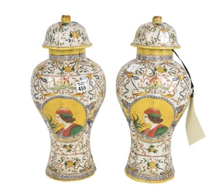 Pr. Decorative Italian urns with lids, 17"h