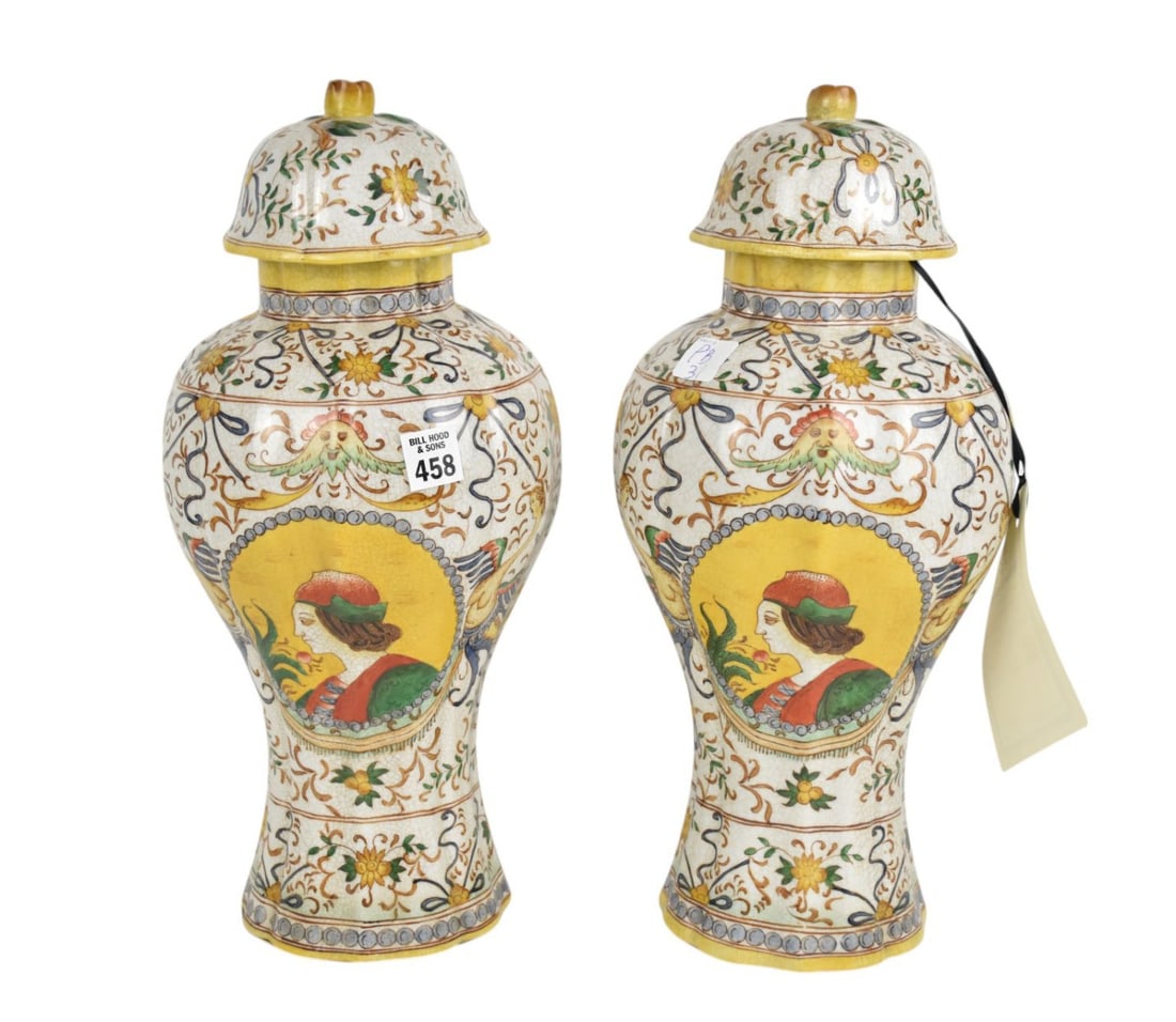 Pr. Decorative Italian urns with lids, 17"h (1 of 5)