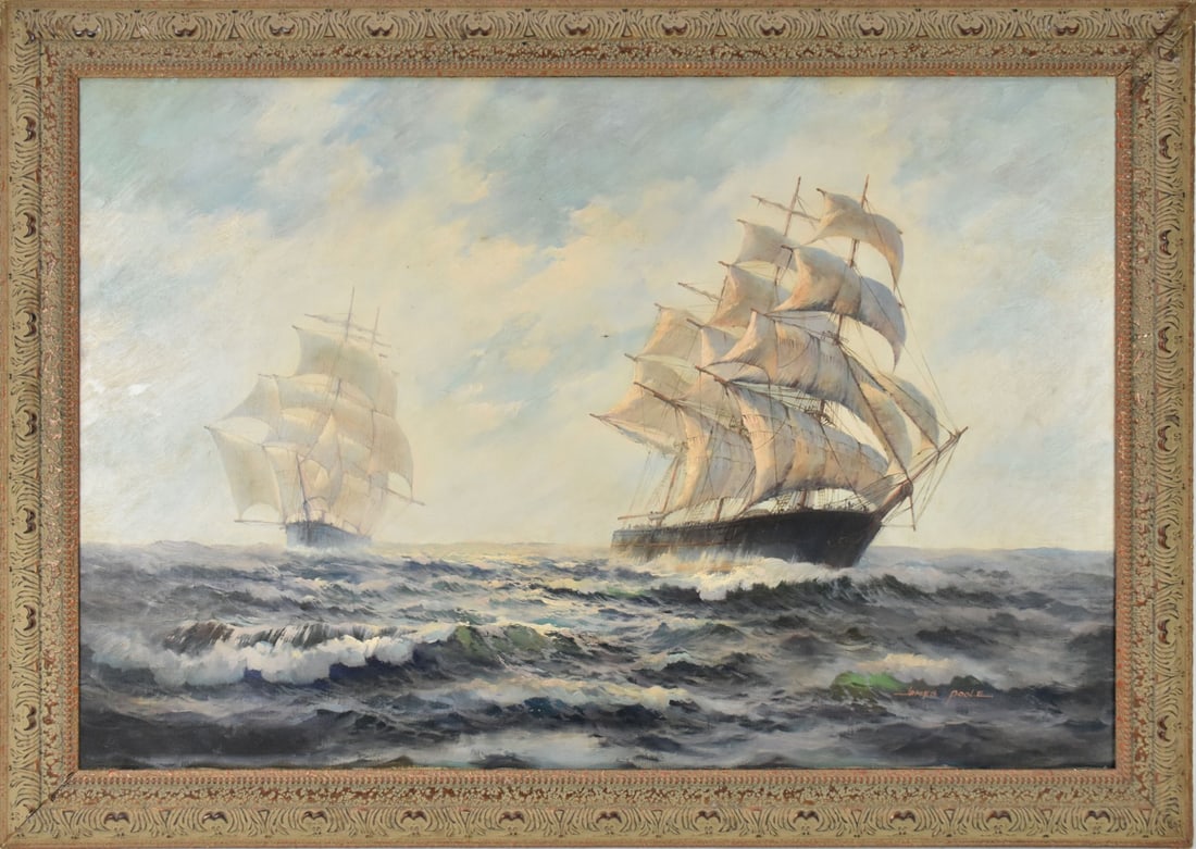 James Poole 20th Century oil on canvas, "2 CLIPPER SHIP ON OPEN SEAS"  canvas 24 x 36 inches. (1 of 6)