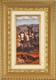 Enric Beltrán Messa (Valencia 1940-2006) oil on board, Farmer and Donkeys. Panel is 11 x 5-1/2,