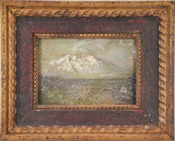 Herbert Sartelle (American 1885-1955) oil on board, Snow Capped Mountain Landscape, 5-1/2 x 8
