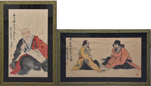 Two antique Chinese watercolor paintings one of artist at work 38 1/2 x 25“ overall frame size