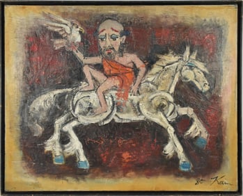 Kam Zin Choon Singapore 1931, Chinese oil painting on canvas man on horse with Dove,  canvas 24 x