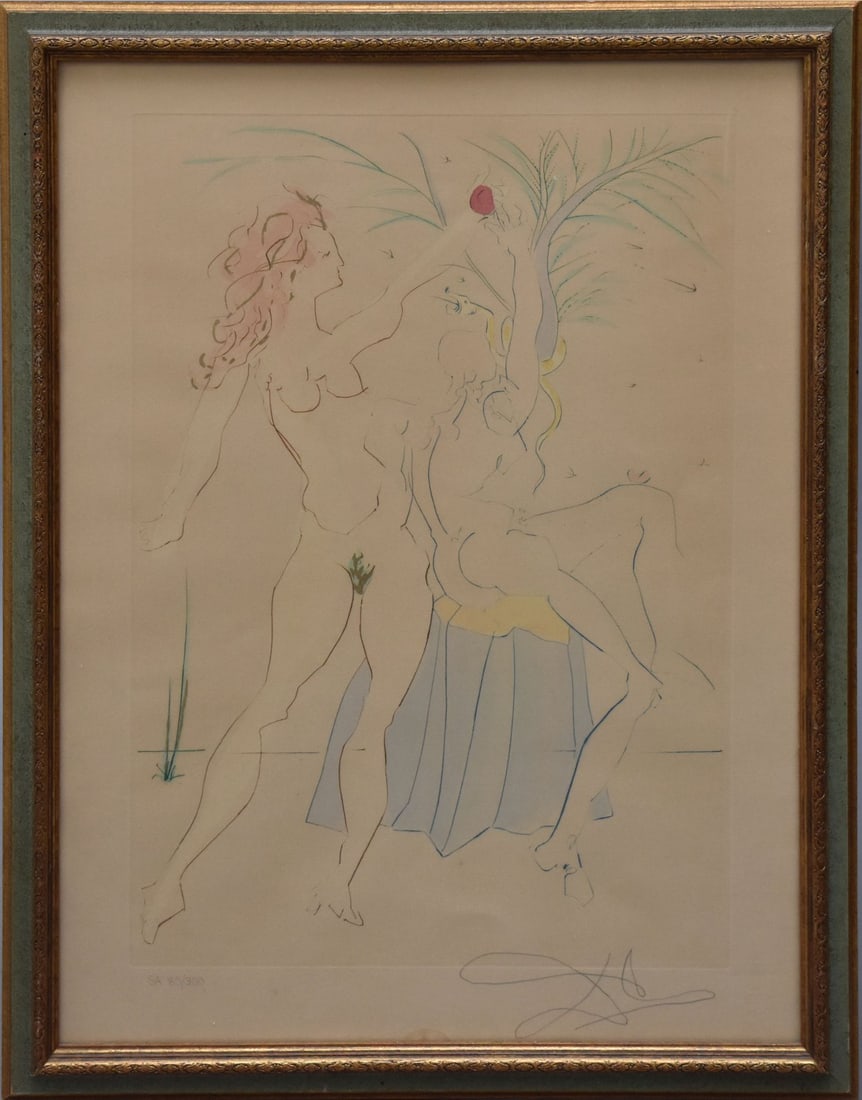 Salvador Dali (Spanish, 1904-1989) Original intaglio and color pochoir on Arches paper- Adam and: Salvador Dali (Spanish, 1904-1989) Original intaglio and color pochoir on Arches paper- Adam and Eve, Our Historical Heritage, pencil signed and numbered 80/300. Provenance on reverse. overall framed