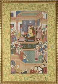 Vintage Mougle painting on silk, detailed colorful scene, Cyrus holding court. some damage and