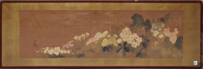 Antique Chinese painting of a garden watercolor on paper painting size 13 3/4 x 49 1/4 down 61 x