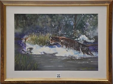 Miguel F. Callejas Cuban 20th Century, Watercolor, Panther on the hunt, sight 14 x 18-3/4 inches