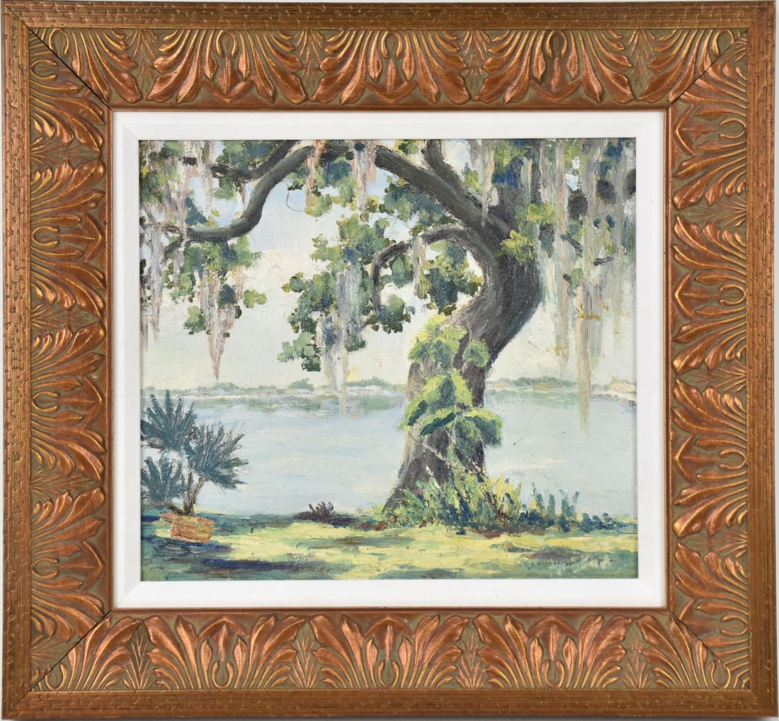 Florida School oil on Board, Tree Water Landscape, 10 x 11-3/8 inches. Overall framed size is 15-1/4 (1 of 4)