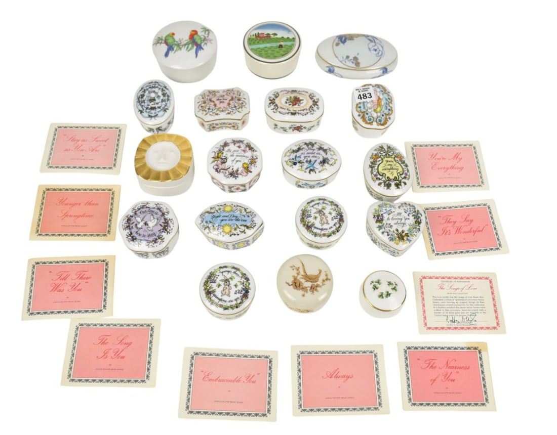 Porcelain Box Collection, 18 Pieces, 12 "Songs of Love" Music Boxes & 6 Assorted Makers & Sizes: Porcelain Box Collection, 18 Pieces, 12 "Songs of Love" Music Boxes & 6 Assorted Makers & Sizes